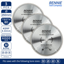3 Pack - 250mm x 30mm x 80T TCT Circular Wood Saw Blade For Bosch Makita Dewalt