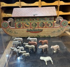 Antique GERMAN ERZGEBIRGE WOODEN NOAHS ARK ~ WOOD / LITHOGRAPH Toy - handmade 