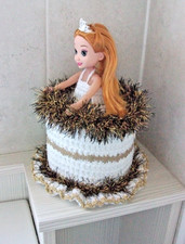 Crochet toilet roll cover, doll, white, gold trim  and gold / brown ruffle  edge