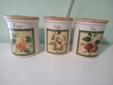 Pimpernel Sugar Tea and Coffee Jars with Wooden Lids Set of 3 Vintage Retro Used