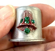 Vintage Pewter Sewing Thimble with Painted Christmas Bell & Green Glass Stone