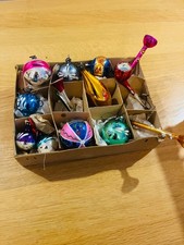 VINTAGE CHRISTMAS BAUBLES MERCURY GLASS, RARE SHAPES ,MUSICAL INSTRUMENTS,TEAPOT