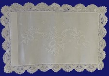 Vintage Hand Embroidered Linen Boudoir Sham w Handmade Lace Trim Whitework