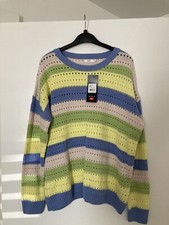 Ladies Cotton Traders Open knit Jumper Size 16 Stripe Lemon Blue Green BNWT