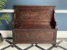 Antique Vintage  Walnut And Oak Italian Carved Settle. Hallway, Bench, Storage