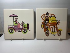 2 X VINTAGE RETRO CARTER (POOLE POTTERY) TILES - EARLY CARS AND DRIVERS