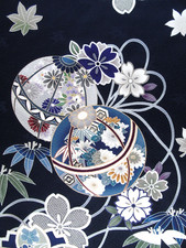 [AYANE] FLOWERS & TEMARI BALLS ON NAVY (Sample) - Japanese Silk KIMONO Fabric