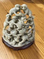 Vintage Asian Soapstone Hand Carved Tower Of 10 Monkeys Sculpture 4”h x 3 1/2”w