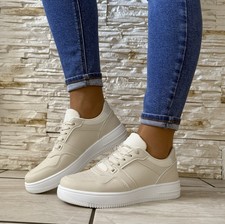 Womens Cream Flat Trainers Shoes Sneakers Lace Up Pumps Plimsole Gym Jogging 3-8