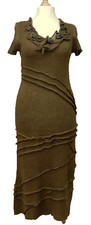 ZUZA BART KHAKI APPLIQUE KNIT LINEN LONG DRESS Size S-M