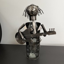 Novelty Recycled Metal Art Bottle Holder Man with a Mike Playing a Guitar