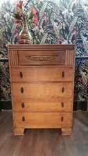 Solid Light Oak Art Deco Tall Chest Of 5 Drawers With Original Handles