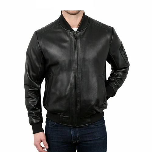 Men black leather bomber - men's,