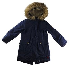 Joules Bonnie Navy Parka Coat Girls Age 6 Hooded Faux Fur Lined Warm Paint Marks
