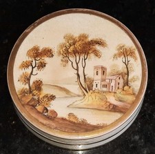 Finely Hand Painted Antique Porcelain Circular Table Snuff Box C 1840+
