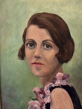 A Vintage Oil Portrait Painting Of A Young Lady. Art Deco Style. Antique Style.