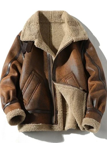 Men brown shearling - shearling, leather