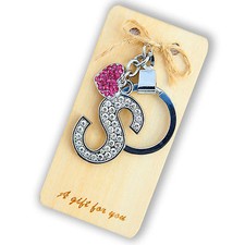 Diamante Crystal Alphabet Letter & Pink Heart Key Ring On Wooden Gift Card A-Z