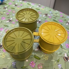 Vintage Tupperware 3 x Picnic Mugs + Lids Coasters Harvest Colors 70s