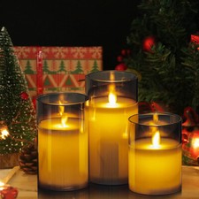 Set of 3 Flameless Led Candles Fake Wick Moving Flame Flickering With Remote kN