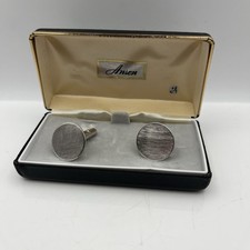 ANSON-Vintage Cufflinks- Silver Tone-Round-Cross Hatched/Brushed Metal-Boxed