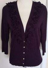 Ladies Size 14 Kaleidoscope Aubergine 3/4 Sleeve Ruffled Edge V Neck Cardigan