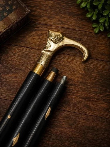 Brass cat handle wooden - brass,