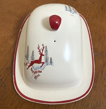 Vintage Christmas Crown Devon Stockholm Butter Dish with Lid - Red Leaping Deer