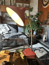 Vintage 1950s 1960s French Gooseneck Table Lamp With Calendar In Red And Brass.