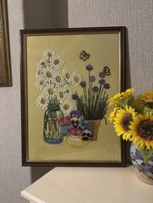Vintage Floral Needle Work/ Embroidery Art Hand Stitched Framed