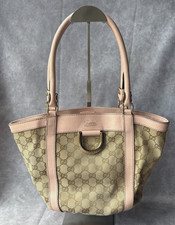 Gucci Abbey D Ring Tote Bag GG Monogram Canvas Pink Leather Trim Pre-Owned