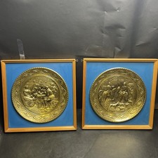 Pair of Vintage Brass Embossed Pub Tavern Wall Plates Plaques Framed