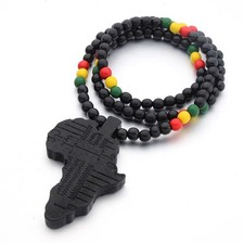 Rasta Africa Map Wooden Round Bead Necklace Reggae Jamaica Rastafari African