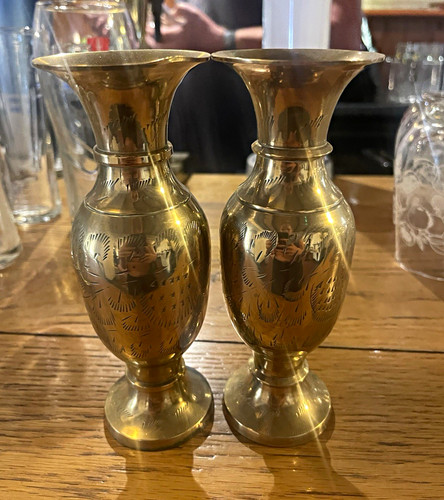 Pair brass bud vases with - brass,
