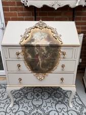 Vintage Oak Rococo Secretary Desk /Bureau with Romantic Art & Gold  Details