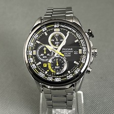 Pulsar Mens Solar Watch VR43-X002 Silver S.Steel Round Black Dial Date Chronog