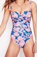 Boden Andros Bandeau Swimsuit Blue Pink Size 12 Long Non Wired Padded Control