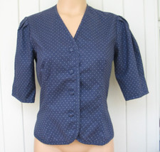 LAURA ASHLEY BLOUSE UK SIZE 10 VINTAGE 1980s NAVY WHITE POLKA DOT COTTON LADIES