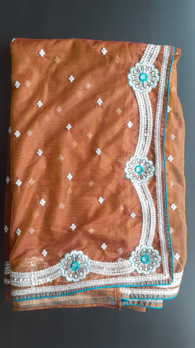 Brown saree with fall - with, fall,