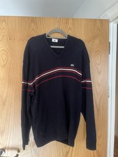 Lacoste Men's V-Neck Jumper Blue with Stripes 100% Cotton Size 7