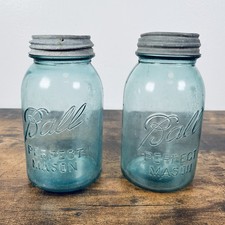 Antique #5 Ball Perfect Mason Blue Glass Half Gallon Canning Jar Zinc Lid x2