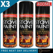 3 x 400ML STOVE PAINT HIGH TEMPERATURE SPRAY PAINT BLACK MATT HEAT RESISTANT BBQ