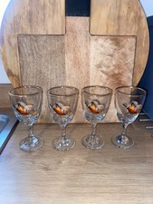 Set 4 Vintage Stemmed Glasses Pheasants Gold Rim Cocktail Shot Wine Sherry Port