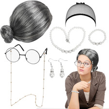 7PCS Old Lady Costume Set Halloween Fancy Dress Granny Wig & Accessories