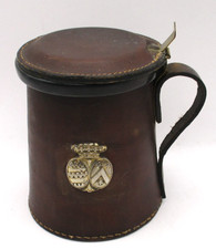 Vintage Leather & Pottery Lidded Beer Tankard with Crest