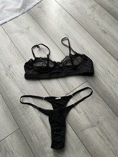 Black Lingerie Mesh Bra Thong Set UK L 12 14 Brand New Never Worn