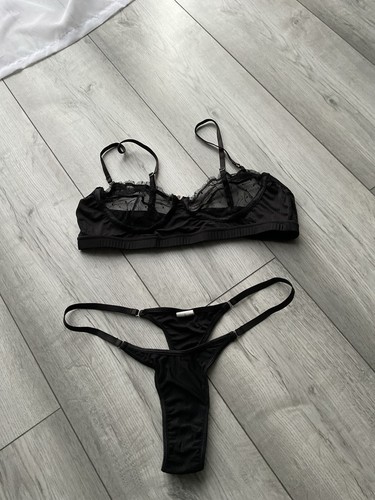 Black lingerie mesh bra - black, thong