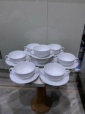 Soup Bowls & Plates X 8 Twin Handled White Swirl Porcelain Seltmann Weiden 