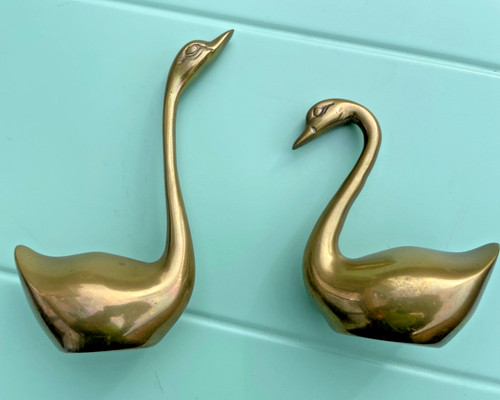 Pair vintage brass swans - pair,