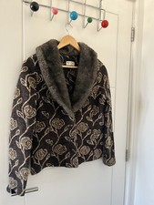Kaliko Brown Floral  Cardigan Jacket Faux Fur Collar, UK Size 8 Wool  Blend